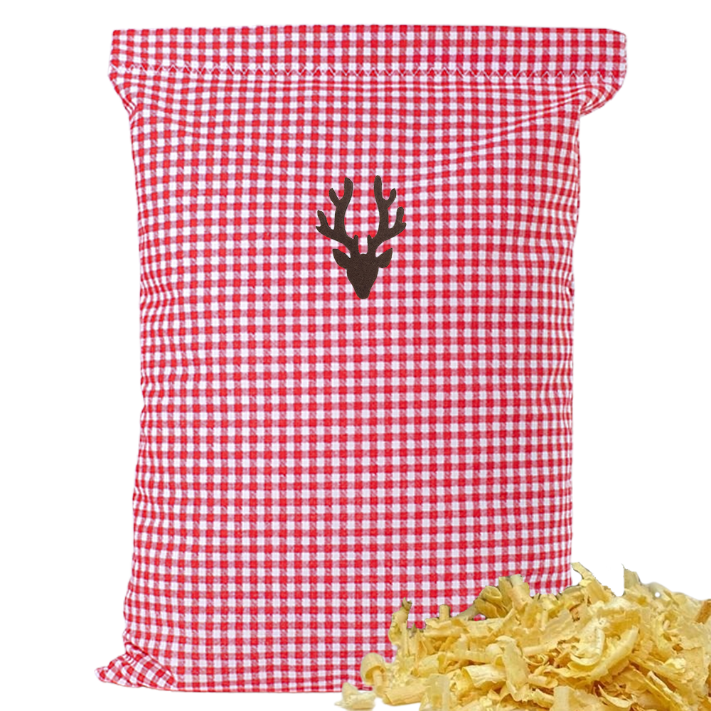 Baumwoll Zirbenkissen rot/weiß kleinkariert mit versch. Hirschkopf-Motiven - 30x20 cm