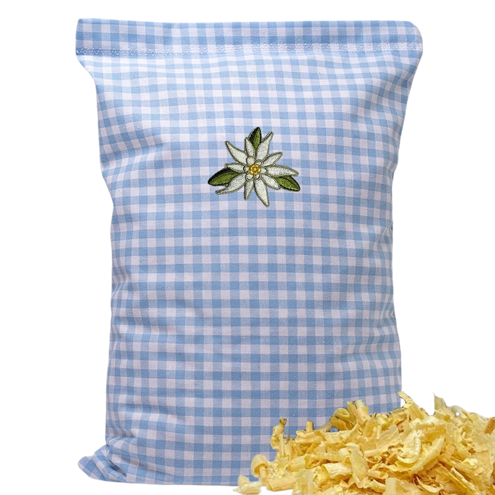Baumwoll Zirbenkissen hellblau/weiß kariert mit versch. Motiven - 30x20 cm