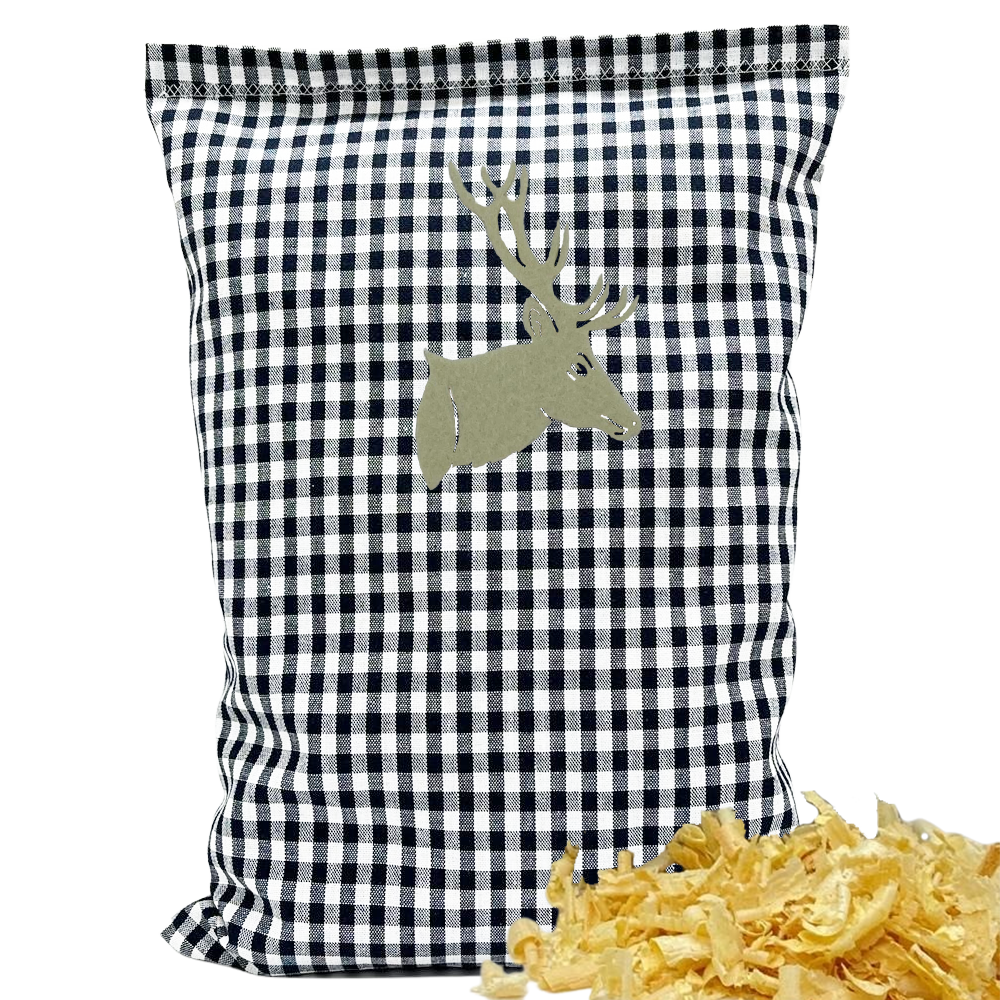 Baumwoll Zirbenkissen schwarz/weiß kariert mit versch. Hirschkopf-Motiven - 30x20 cm