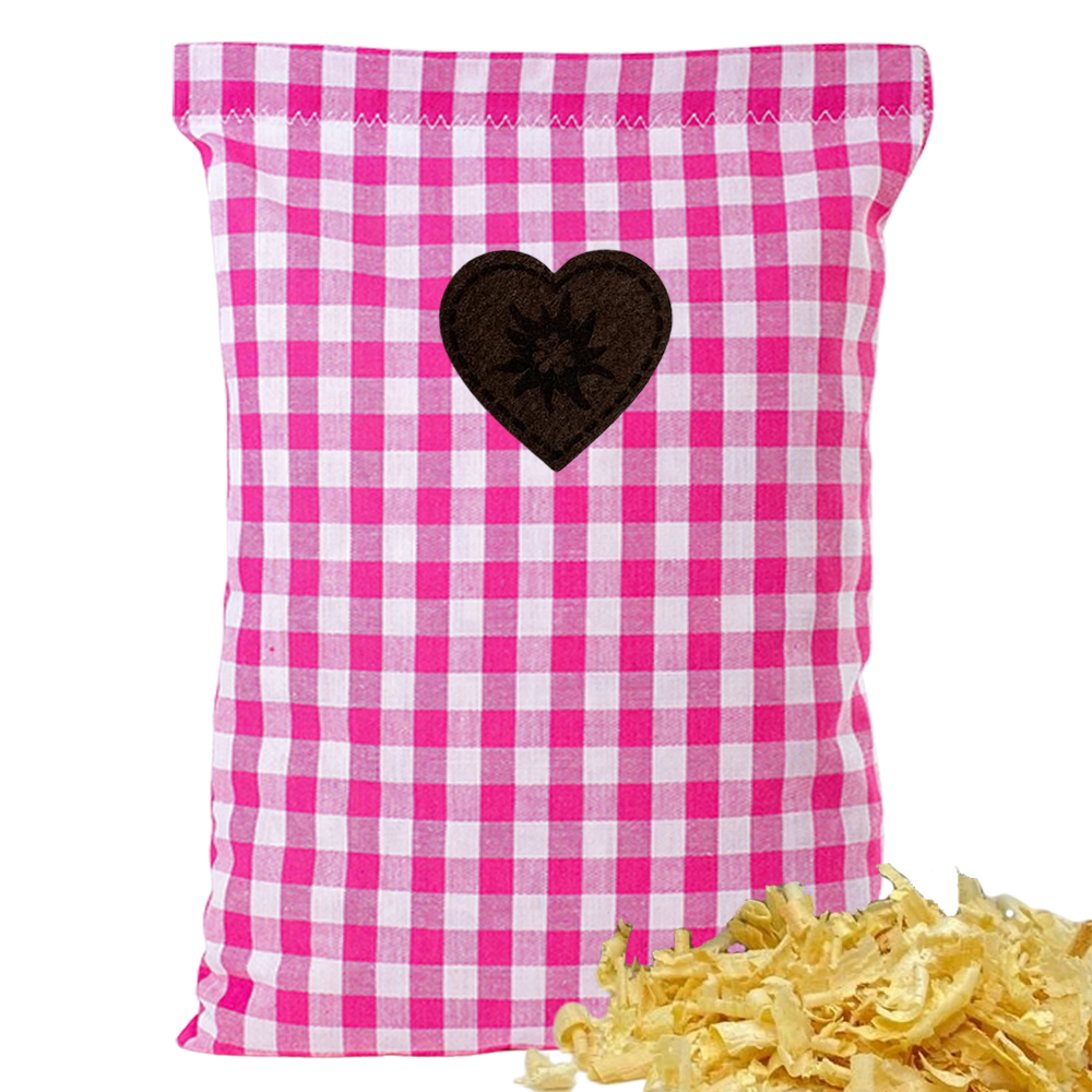 Baumwoll Zirbenkissen pink/weiß großkariert mit versch. Herz-Motiven - 30x20 cm