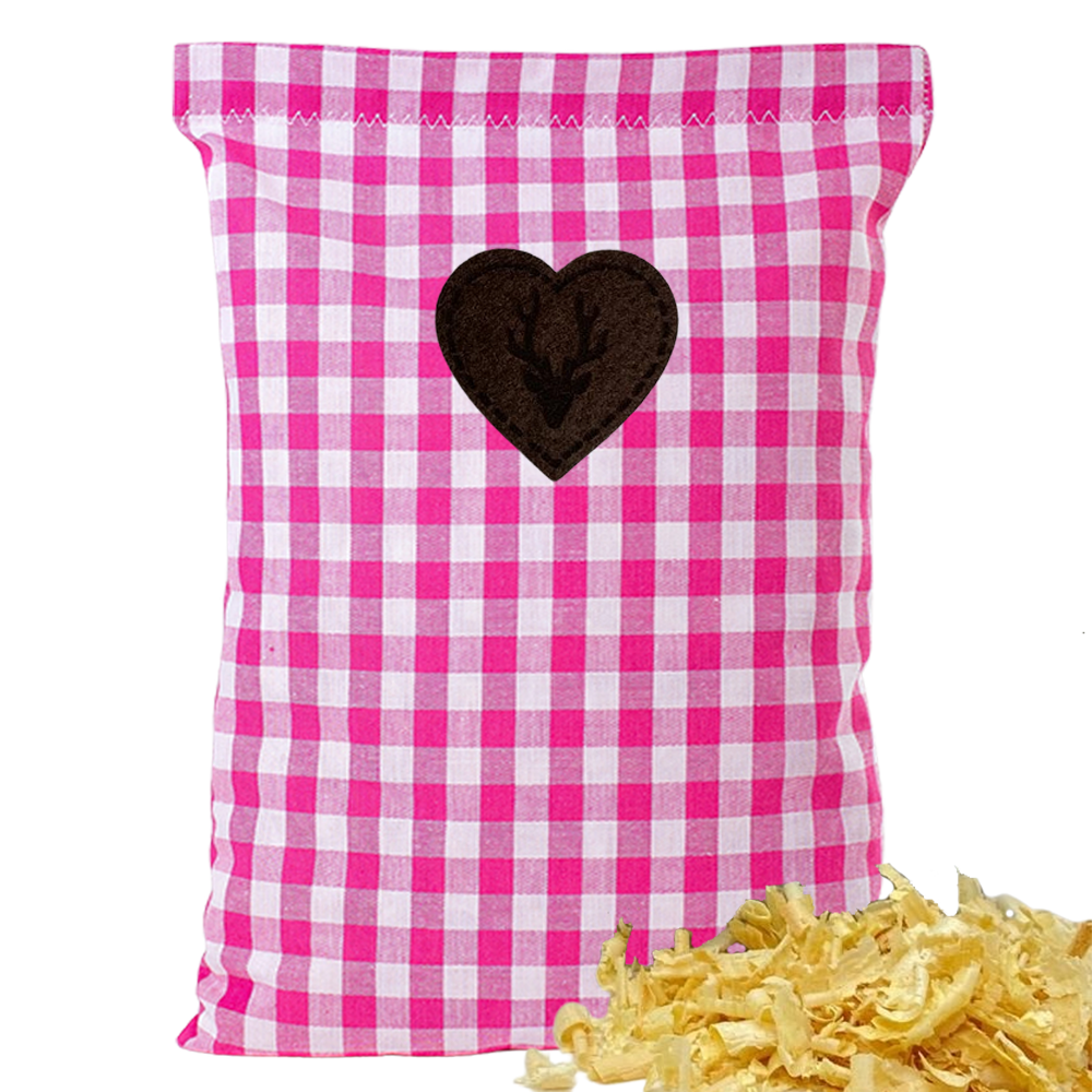 Baumwoll Zirbenkissen pink/weiß großkariert mit versch. Herz-Motiven - 30x20 cm