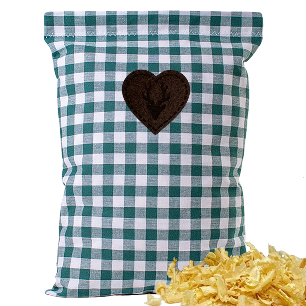 Baumwoll Zirbenkissen grün/weiß großkariert mit versch. Herz-Motiven - 30x20 cm