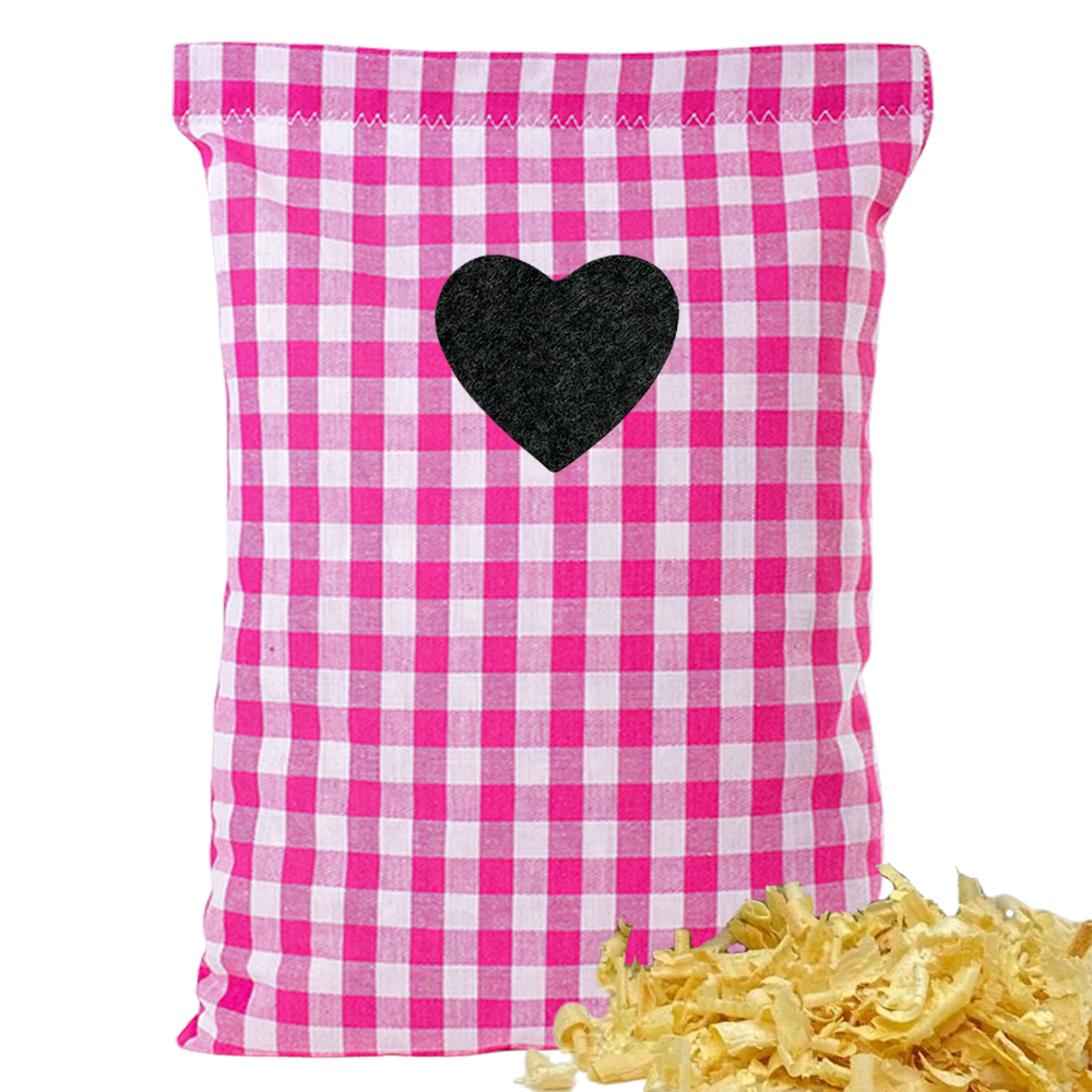 Baumwoll Zirbenkissen pink/weiß großkariert mit versch. Herz-Motiven - 30x20 cm