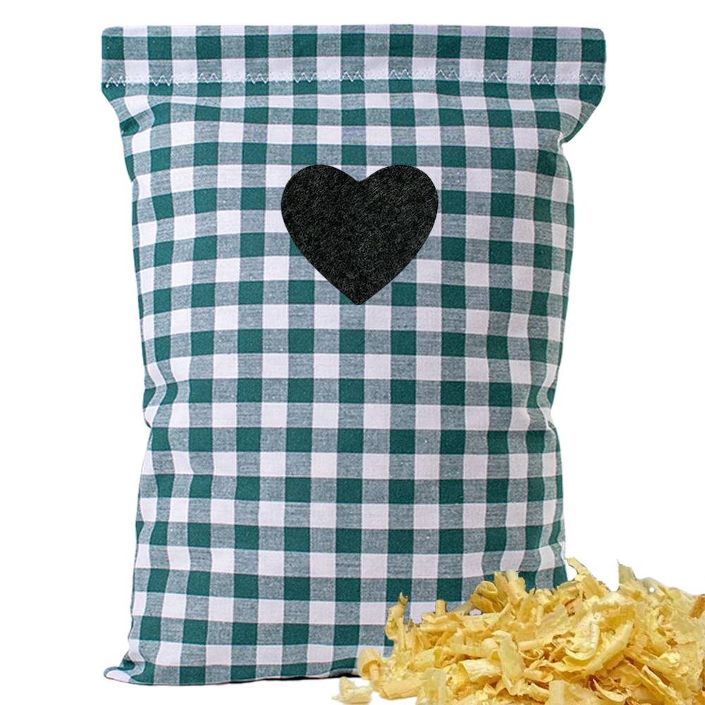 Baumwoll Zirbenkissen grün/weiß großkariert mit versch. Herz-Motiven - 30x20 cm