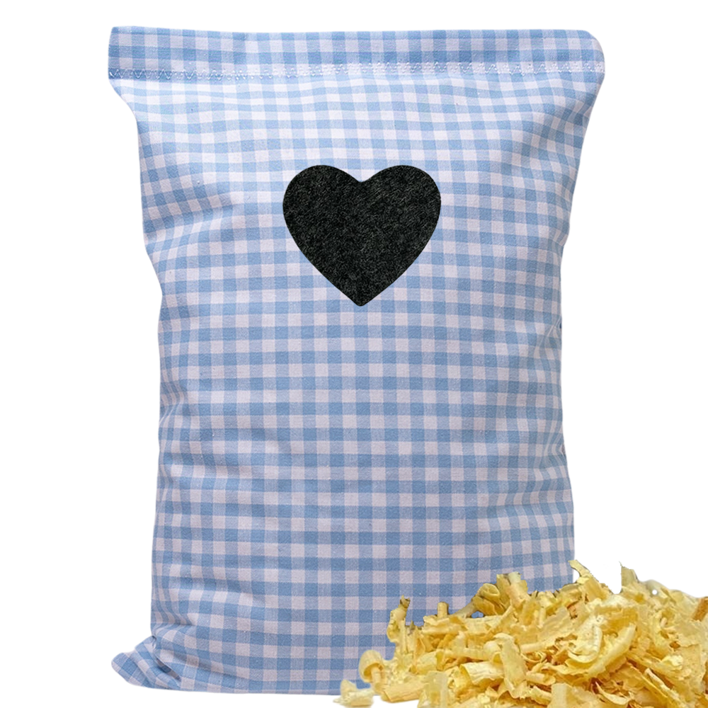 Baumwoll Zirbenkissen hellblau/weiß kariert mit versch. Herz-Motiven - 30x20 cm