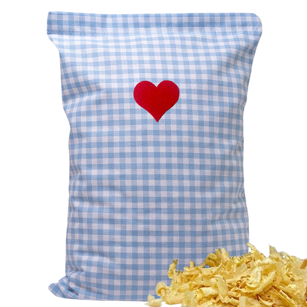 Baumwoll Zirbenkissen hellblau/weiß kariert mit versch. Herz-Motiven - 30x20 cm