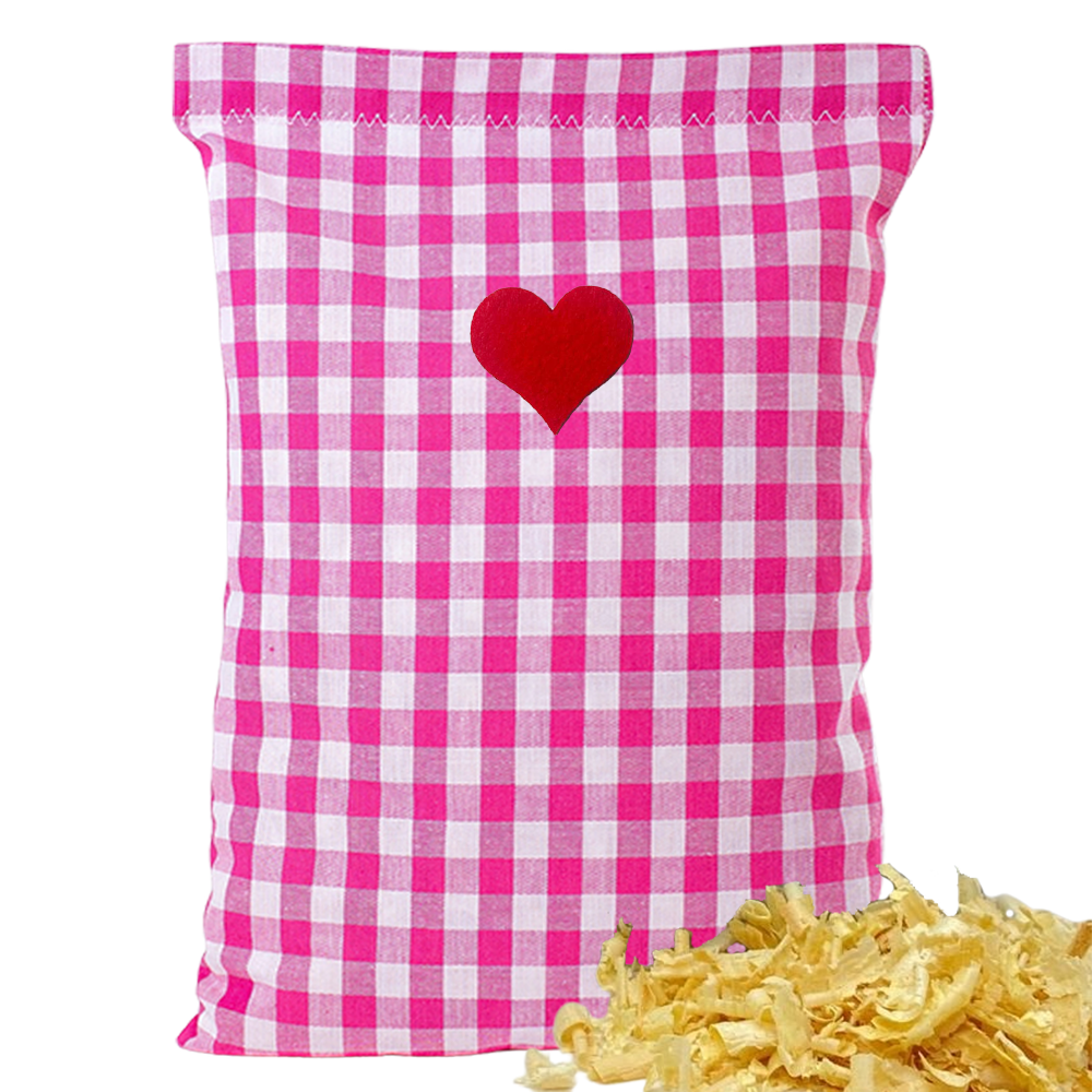 Baumwoll Zirbenkissen pink/weiß großkariert mit versch. Herz-Motiven - 30x20 cm