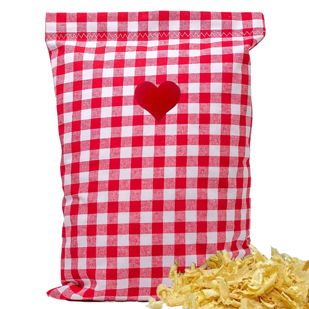 Baumwoll Zirbenkissen rot/weiß großkariert mit versch. Herz-Motiven - 30x20 cm