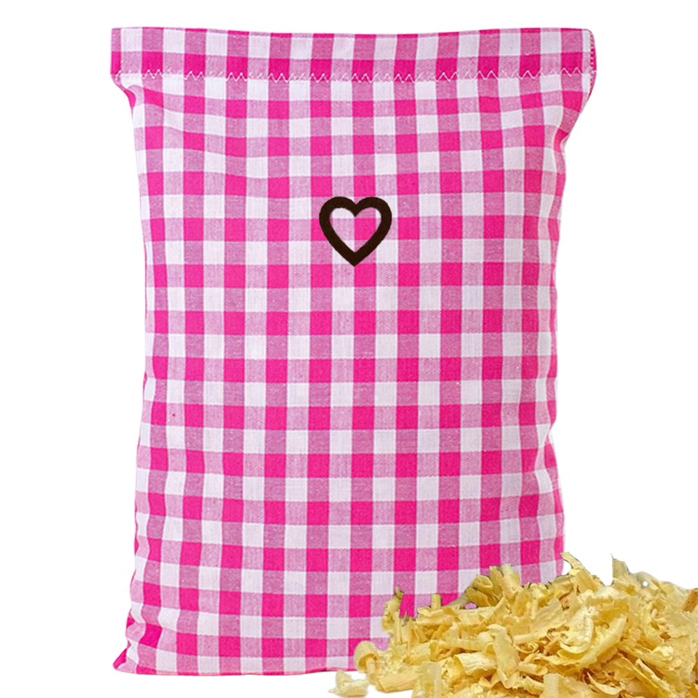 Baumwoll Zirbenkissen pink/weiß großkariert mit versch. Herz-Motiven - 30x20 cm