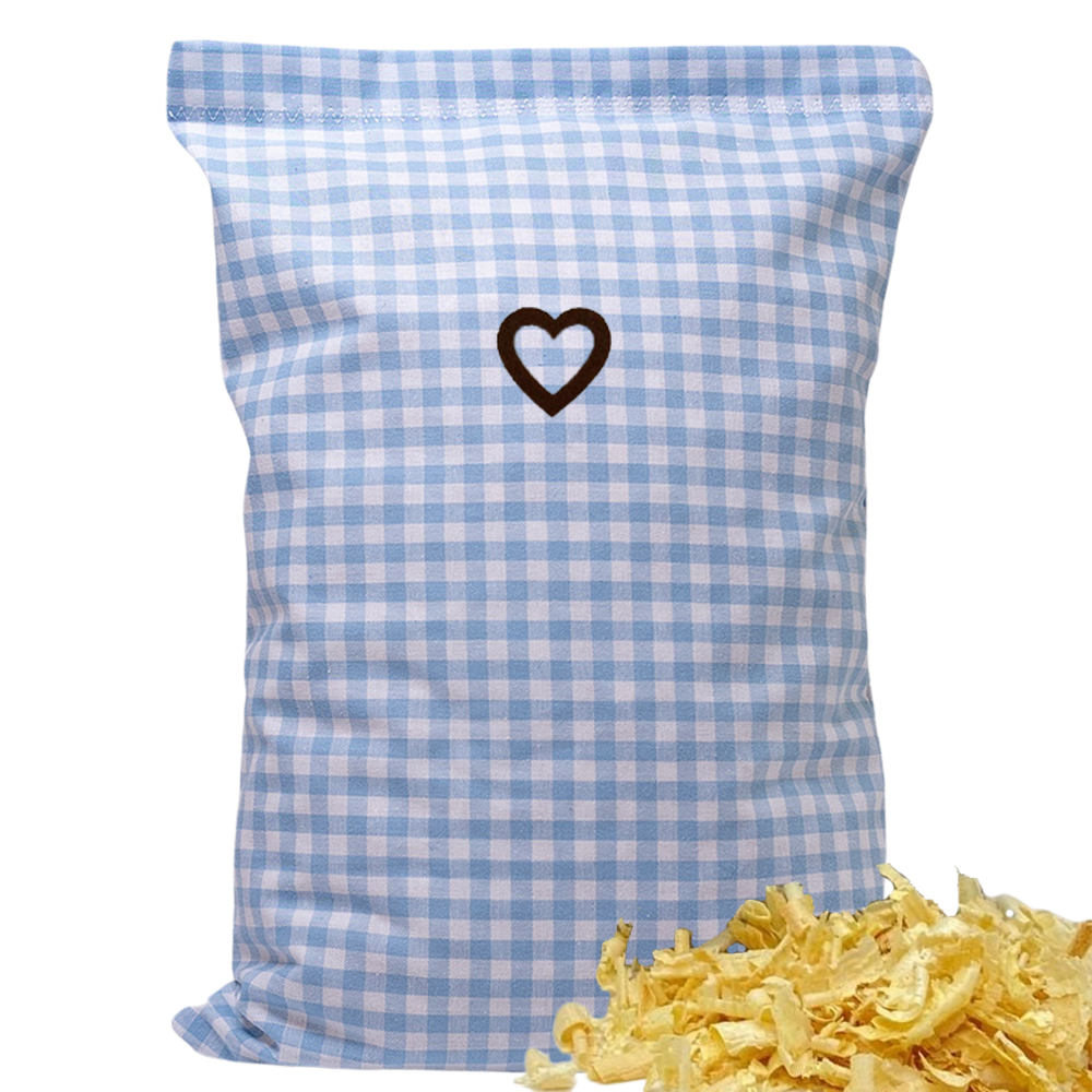 Baumwoll Zirbenkissen hellblau/weiß kariert mit versch. Herz-Motiven - 30x20 cm