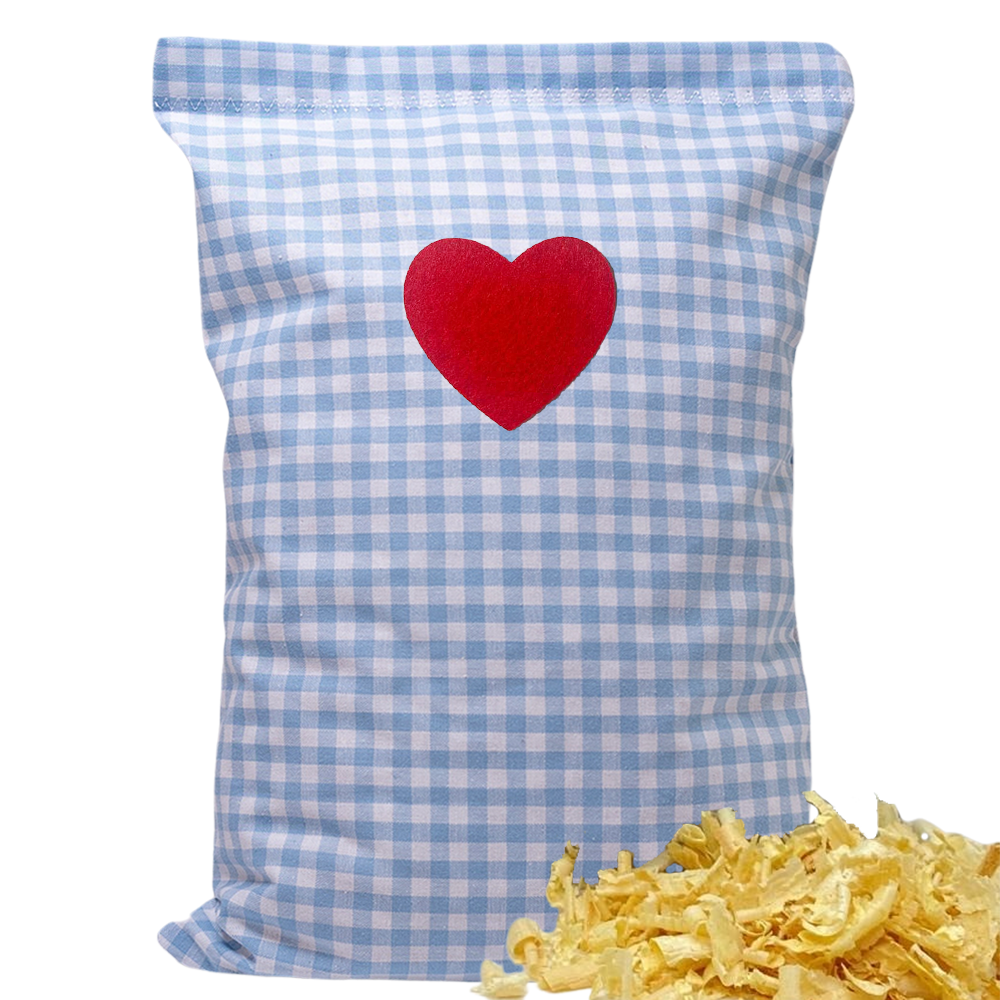 Baumwoll Zirbenkissen hellblau/weiß kariert mit versch. Herz-Motiven - 30x20 cm