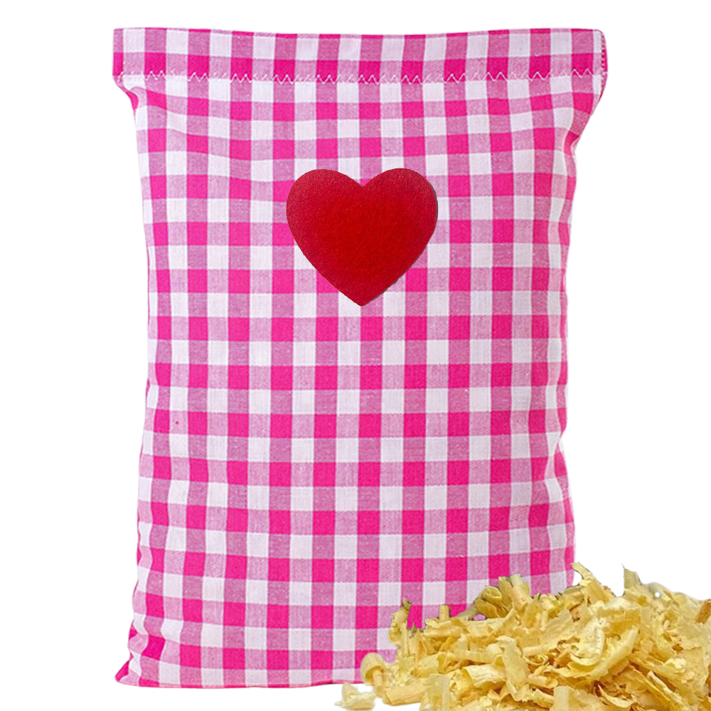 Baumwoll Zirbenkissen pink/weiß großkariert mit versch. Herz-Motiven - 30x20 cm
