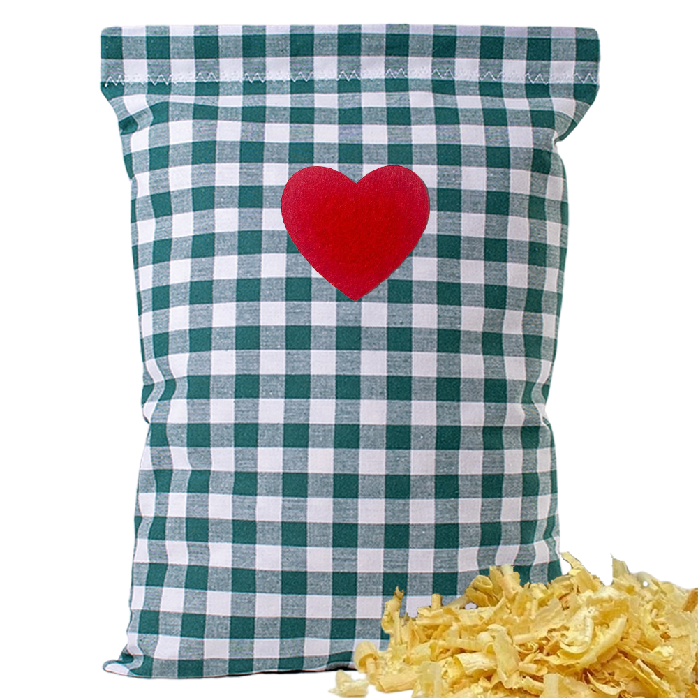 Baumwoll Zirbenkissen grün/weiß großkariert mit versch. Herz-Motiven - 30x20 cm