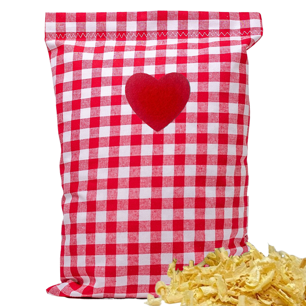 Baumwoll Zirbenkissen rot/weiß großkariert mit versch. Herz-Motiven - 30x20 cm