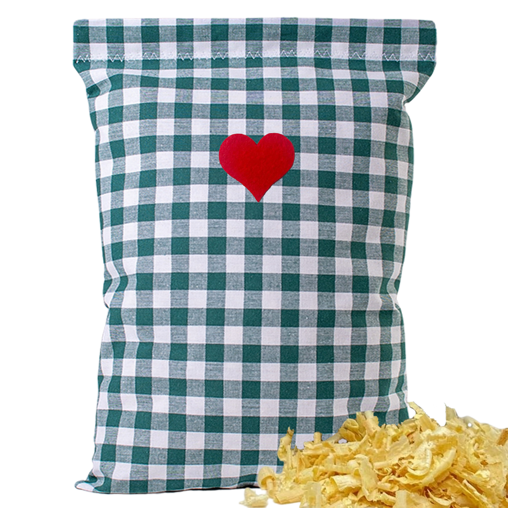 Baumwoll Zirbenkissen grün/weiß großkariert mit versch. Herz-Motiven - 30x20 cm