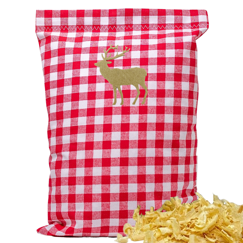 Baumwoll Zirbenkissen rot/weiß großkariert mit versch. Hirsch-Motiven - 30x20 cm
