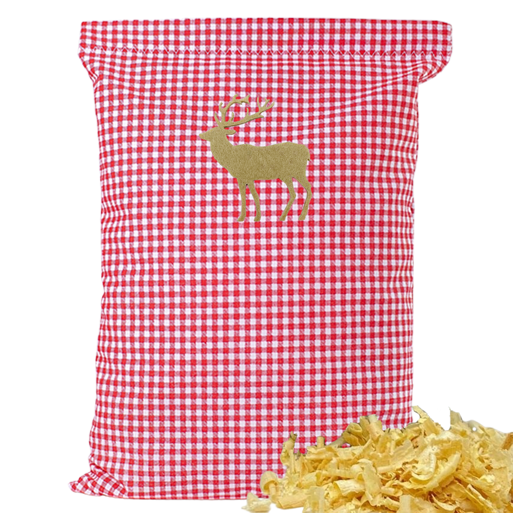 Baumwoll Zirbenkissen rot/weiß kleinkariert mit versch. Hirsch-Motiven - 30x20 cm