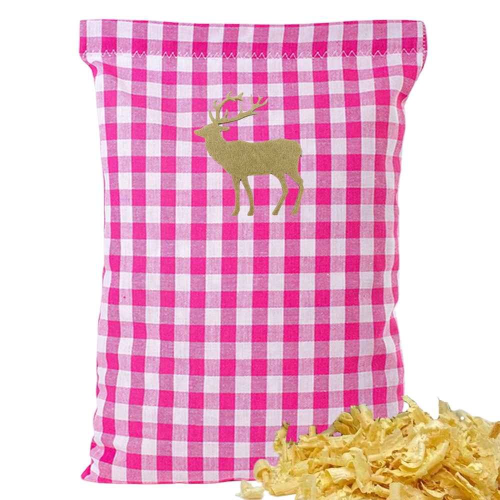 Baumwoll Zirbenkissen pink/weiß großkariert mit versch. Hirsch-Motiven - 30x20 cm