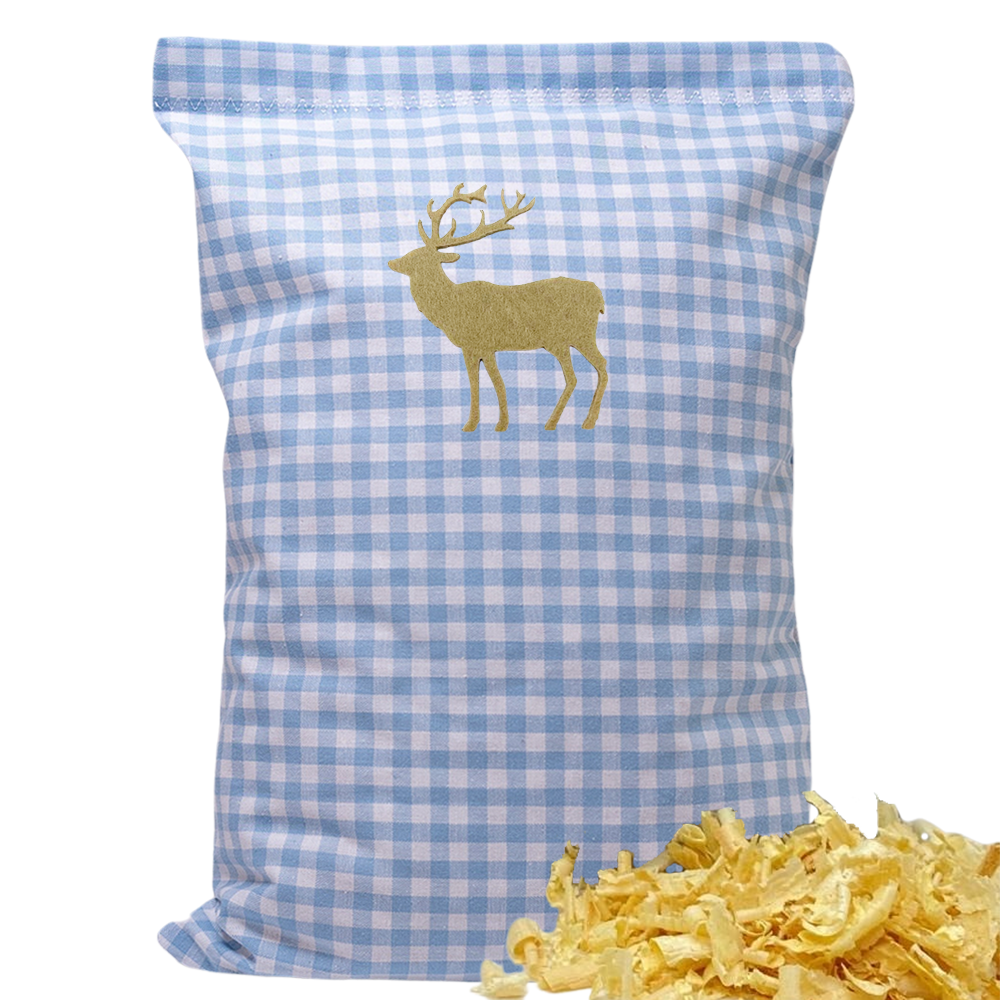 Baumwoll Zirbenkissen hellblau/weiß kariert mit versch. Hirsch-Motiven - 30x20 cm