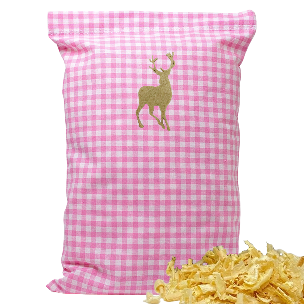 Baumwoll Zirbenkissen rosa/weiß kariert mit versch. Hirsch-Motiven - 30x20 cm