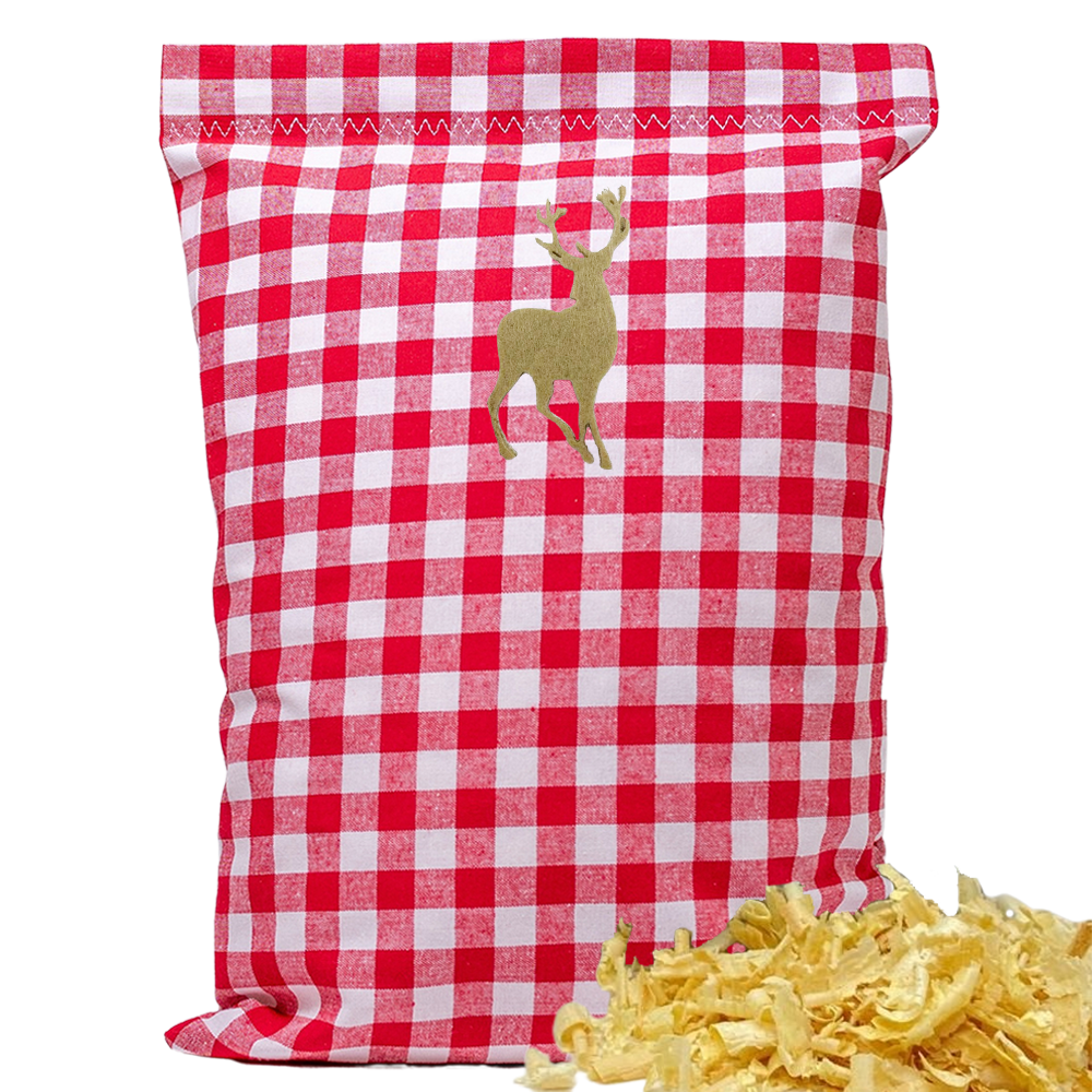 Baumwoll Zirbenkissen rot/weiß großkariert mit versch. Hirsch-Motiven - 30x20 cm