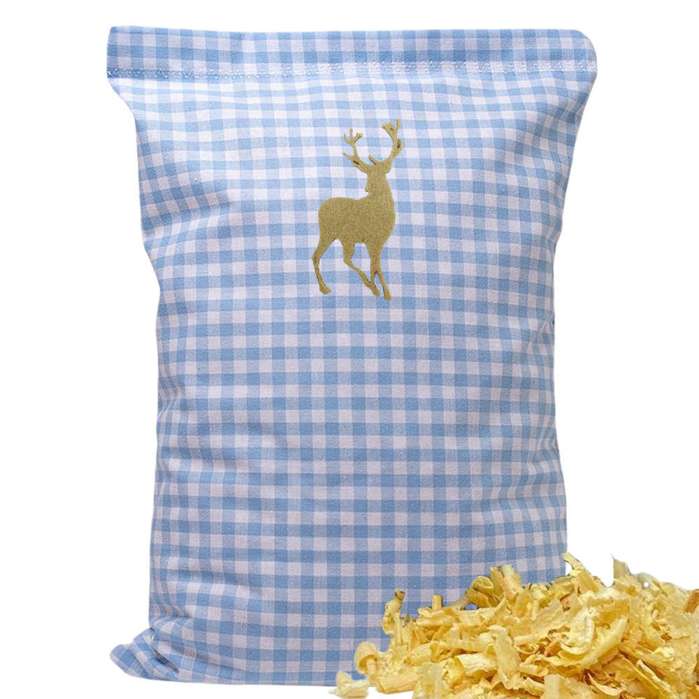 Baumwoll Zirbenkissen hellblau/weiß kariert mit versch. Hirsch-Motiven - 30x20 cm