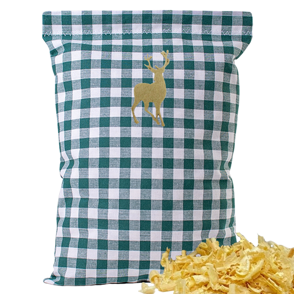 Baumwoll Zirbenkissen grün/weiß großkariert mit versch. Hirsch-Motiven - 30x20 cm