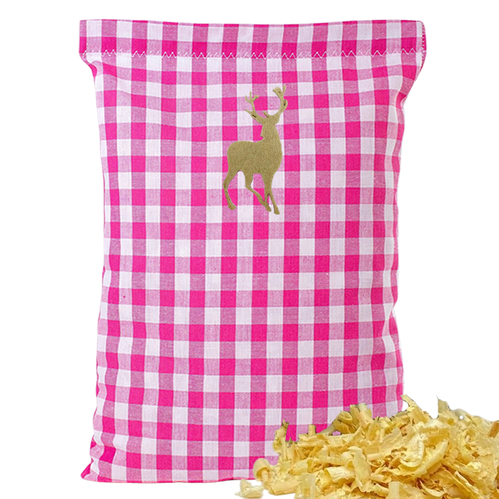 Baumwoll Zirbenkissen pink/weiß großkariert mit versch. Hirsch-Motiven - 30x20 cm