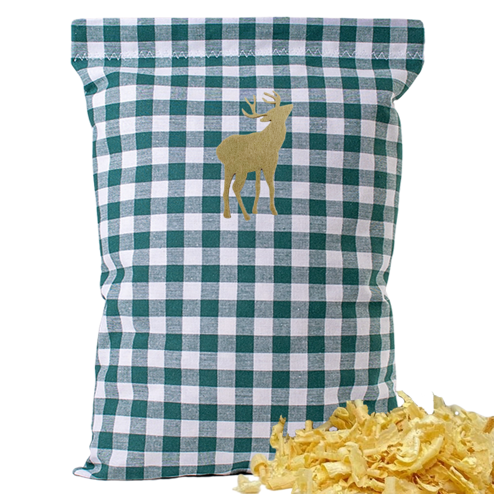 Baumwoll Zirbenkissen grün/weiß großkariert mit versch. Hirsch-Motiven - 30x20 cm