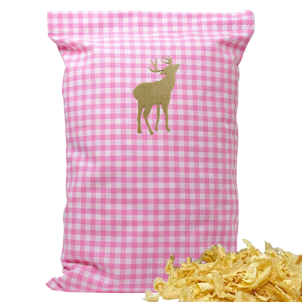 Baumwoll Zirbenkissen rosa/weiß kariert mit versch. Hirsch-Motiven - 30x20 cm