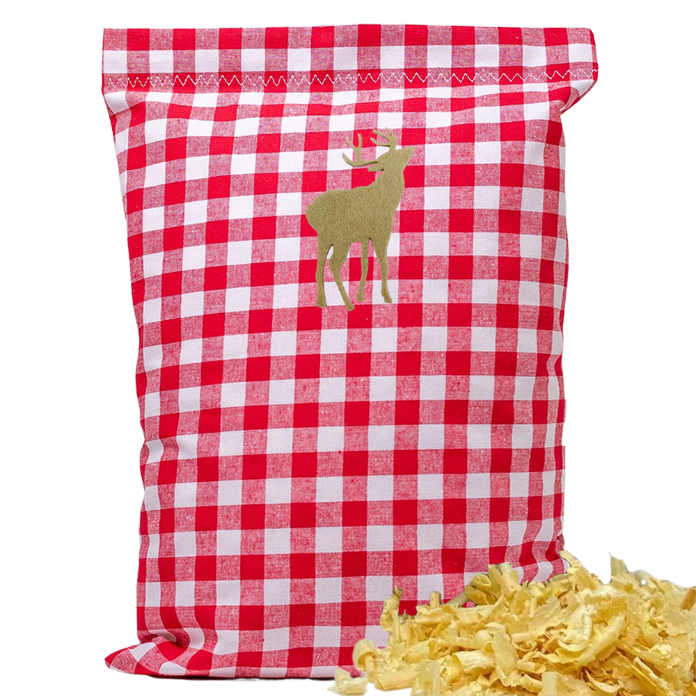 Baumwoll Zirbenkissen rot/weiß großkariert mit versch. Hirsch-Motiven - 30x20 cm