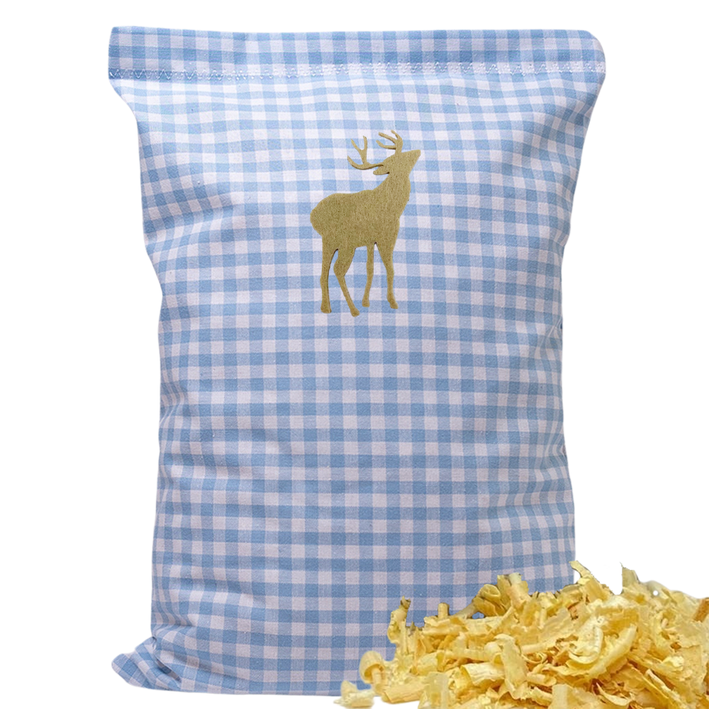 Baumwoll Zirbenkissen hellblau/weiß kariert mit versch. Hirsch-Motiven - 30x20 cm