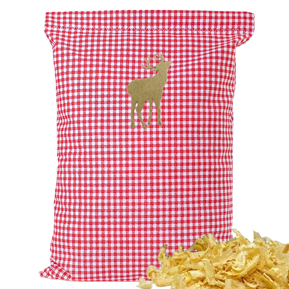 Baumwoll Zirbenkissen rot/weiß kleinkariert mit versch. Hirsch-Motiven - 30x20 cm