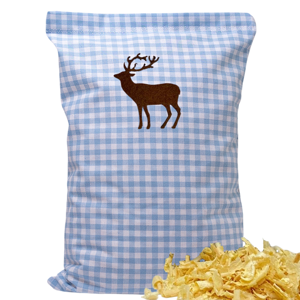 Baumwoll Zirbenkissen hellblau/weiß kariert mit versch. Hirsch-Motiven - 30x20 cm