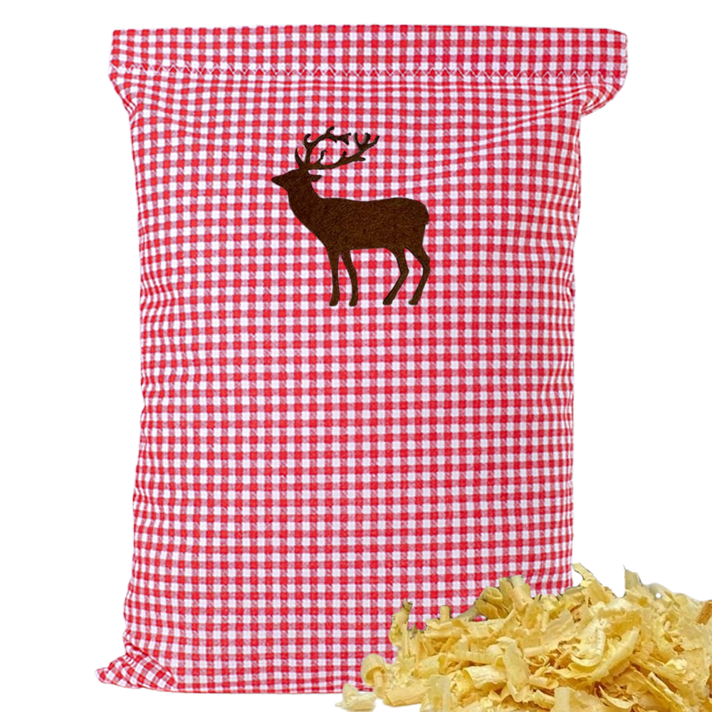 Baumwoll Zirbenkissen rot/weiß kleinkariert mit versch. Hirsch-Motiven - 30x20 cm