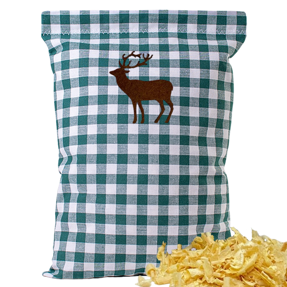 Baumwoll Zirbenkissen grün/weiß großkariert mit versch. Hirsch-Motiven - 30x20 cm