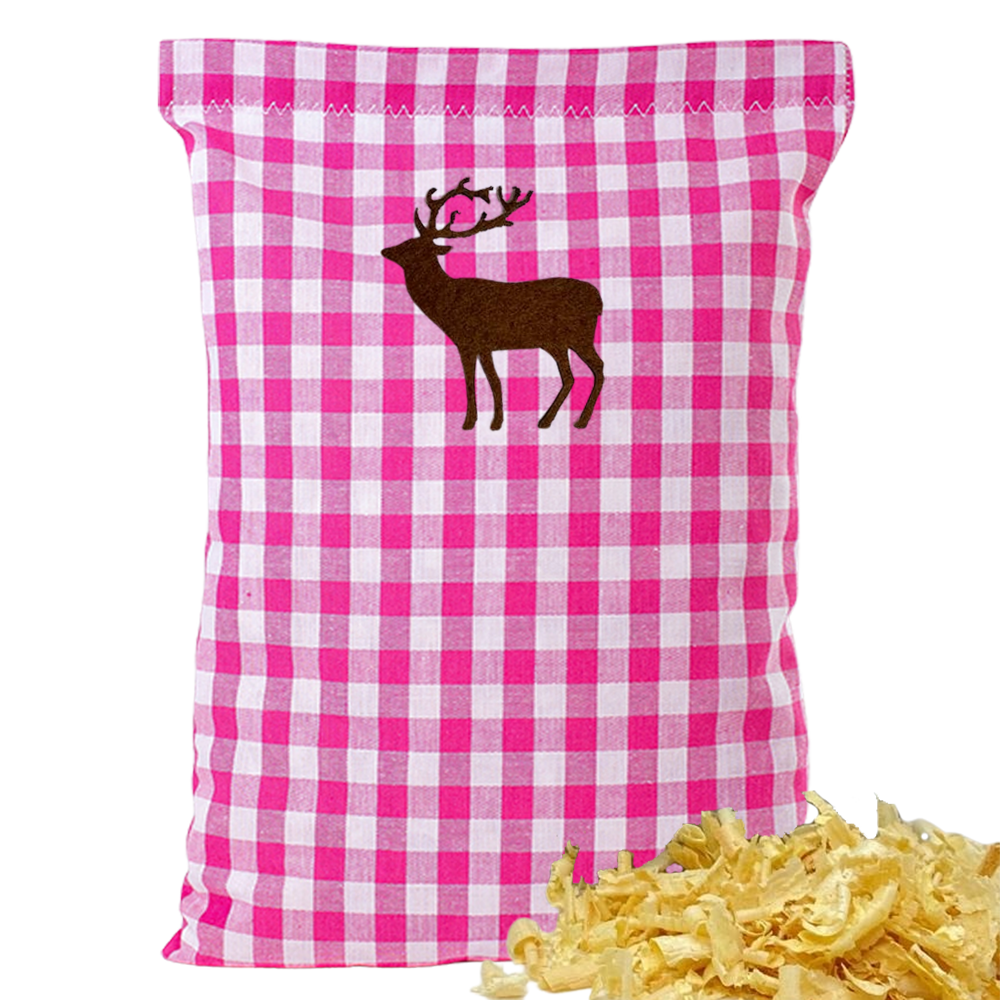 Baumwoll Zirbenkissen pink/weiß großkariert mit versch. Hirsch-Motiven - 30x20 cm