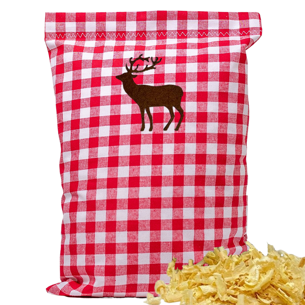 Baumwoll Zirbenkissen rot/weiß großkariert mit versch. Hirsch-Motiven - 30x20 cm