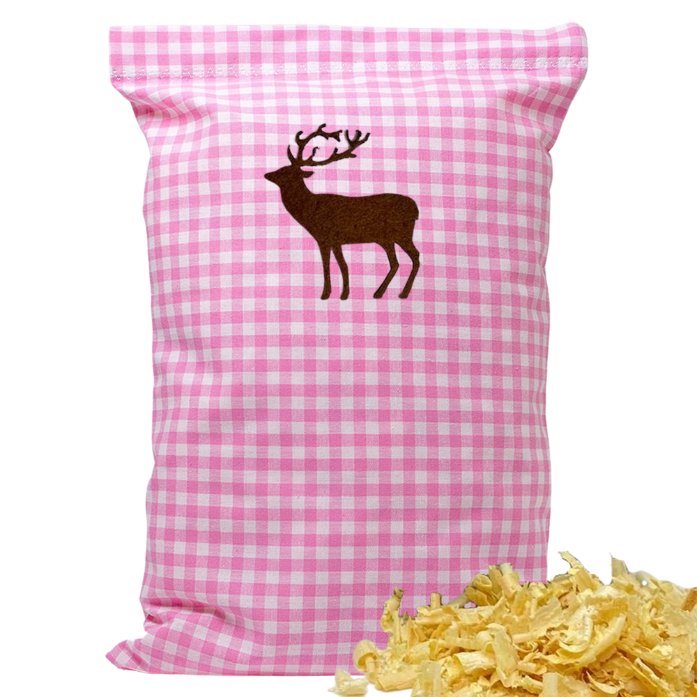 Baumwoll Zirbenkissen rosa/weiß kariert mit versch. Hirsch-Motiven - 30x20 cm