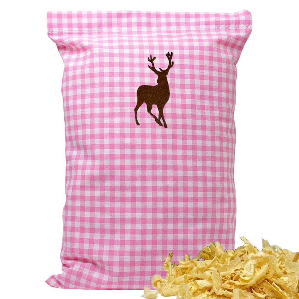 Baumwoll Zirbenkissen rosa/weiß kariert mit versch. Hirsch-Motiven - 30x20 cm