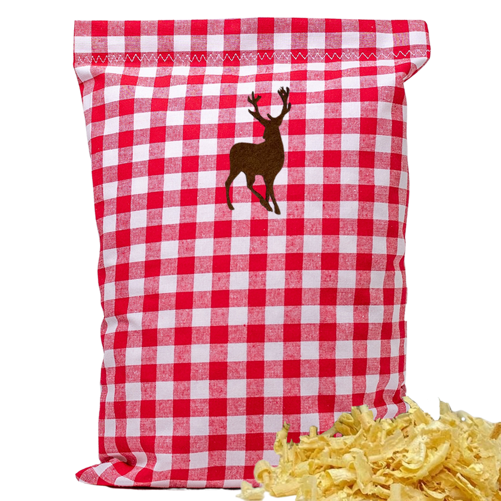 Baumwoll Zirbenkissen rot/weiß großkariert mit versch. Hirsch-Motiven - 30x20 cm