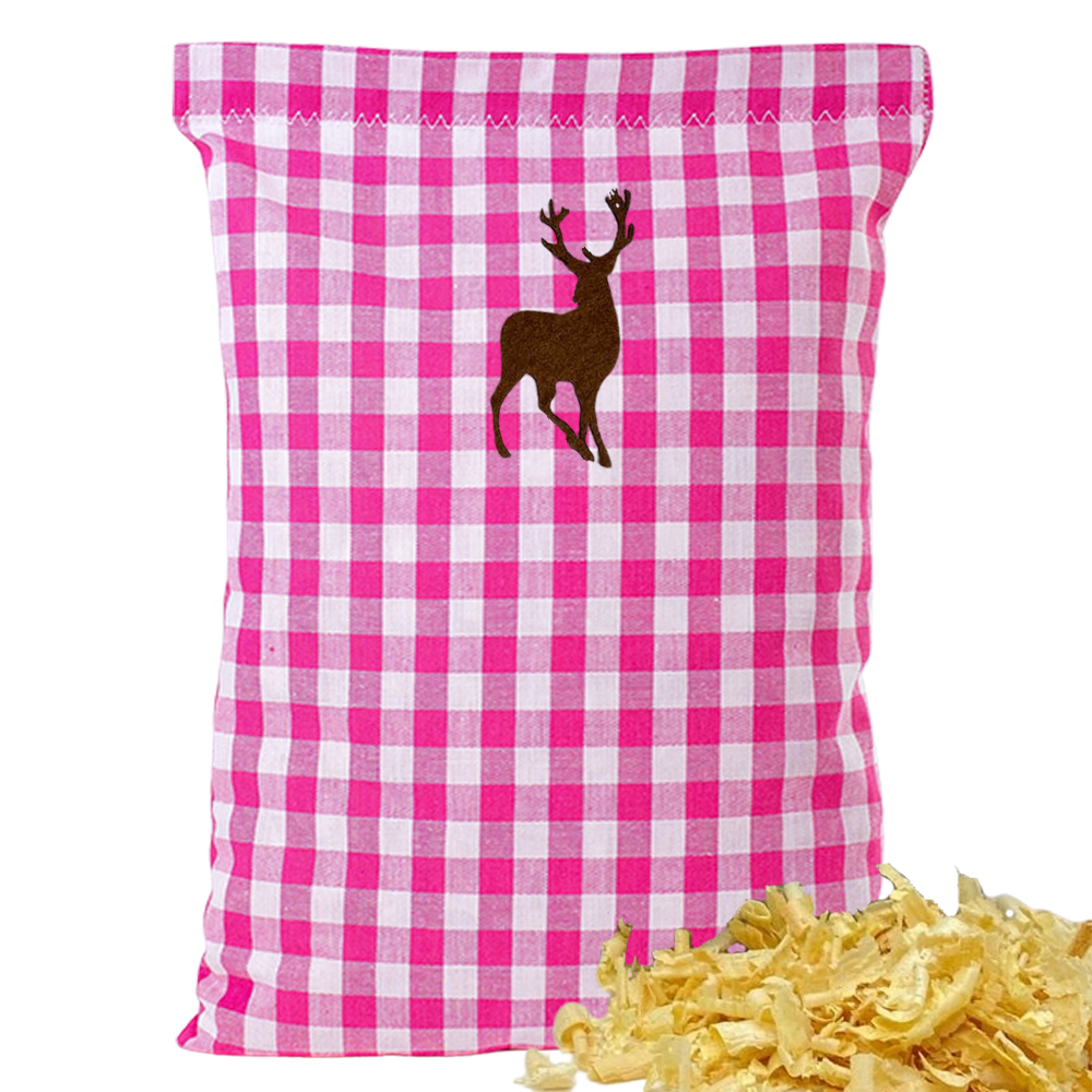Baumwoll Zirbenkissen pink/weiß großkariert mit versch. Hirsch-Motiven - 30x20 cm