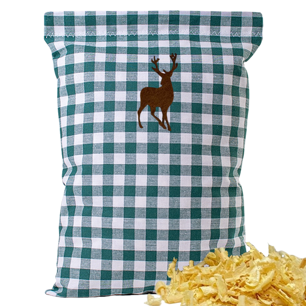 Baumwoll Zirbenkissen grün/weiß großkariert mit versch. Hirsch-Motiven - 30x20 cm