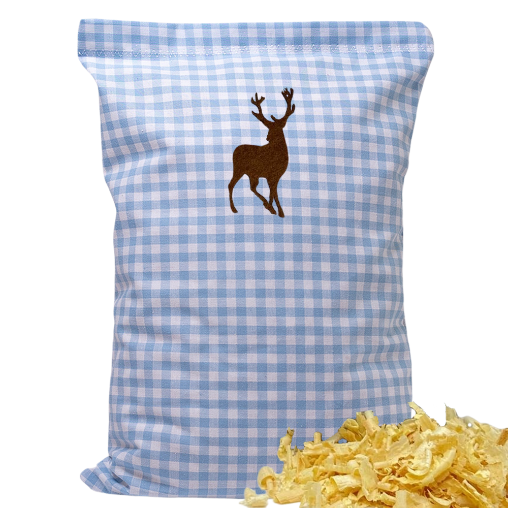 Baumwoll Zirbenkissen hellblau/weiß kariert mit versch. Hirsch-Motiven - 30x20 cm