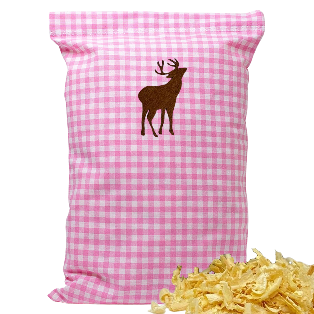 Baumwoll Zirbenkissen rosa/weiß kariert mit versch. Hirsch-Motiven - 30x20 cm