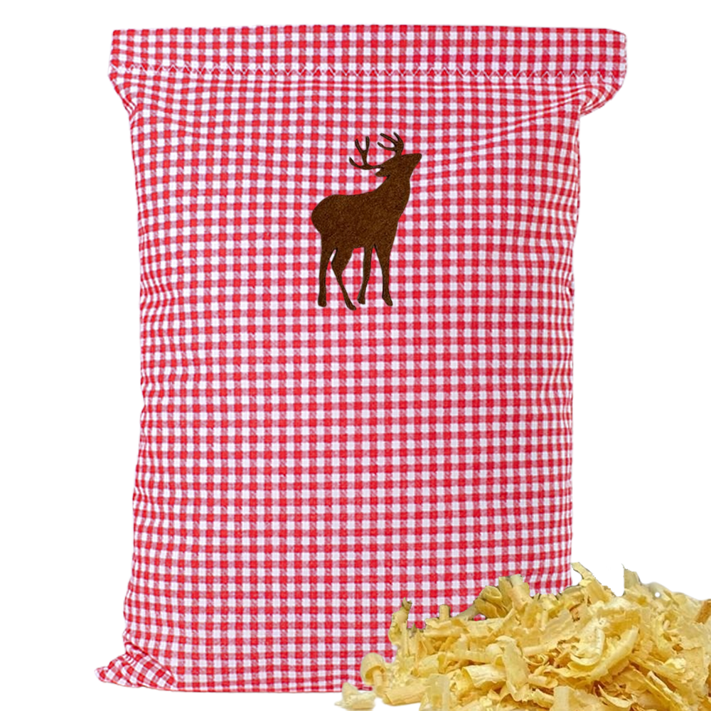Baumwoll Zirbenkissen rot/weiß kleinkariert mit versch. Hirsch-Motiven - 30x20 cm