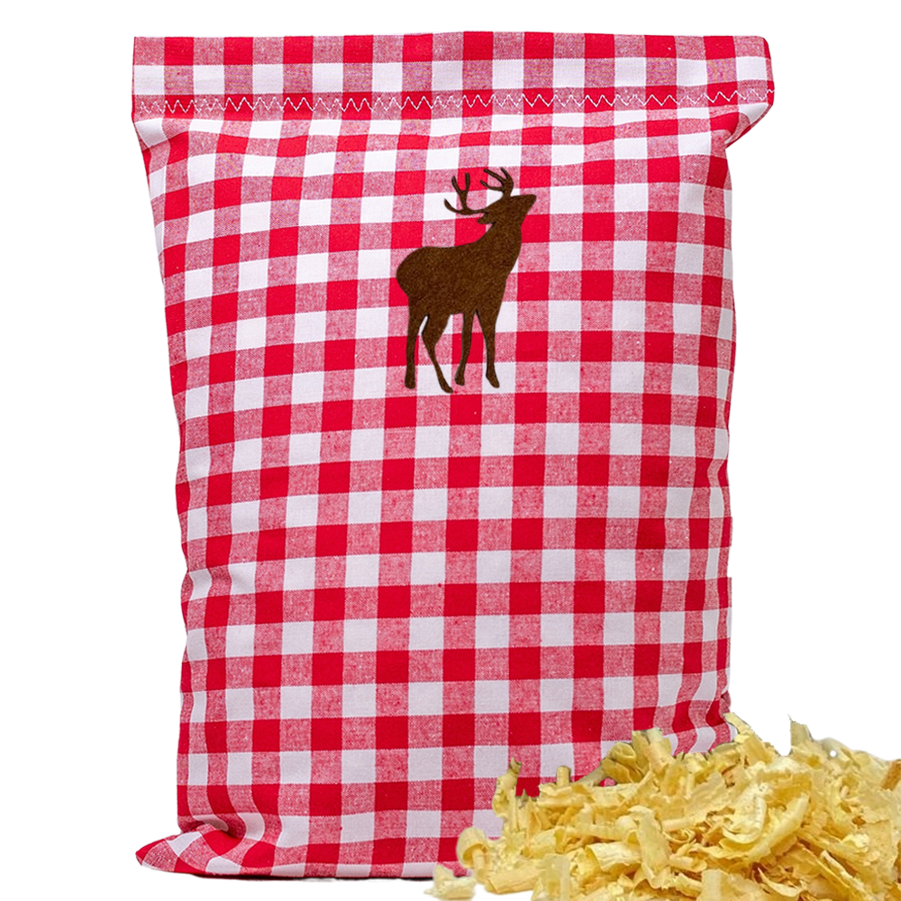 Baumwoll Zirbenkissen rot/weiß großkariert mit versch. Hirsch-Motiven - 30x20 cm