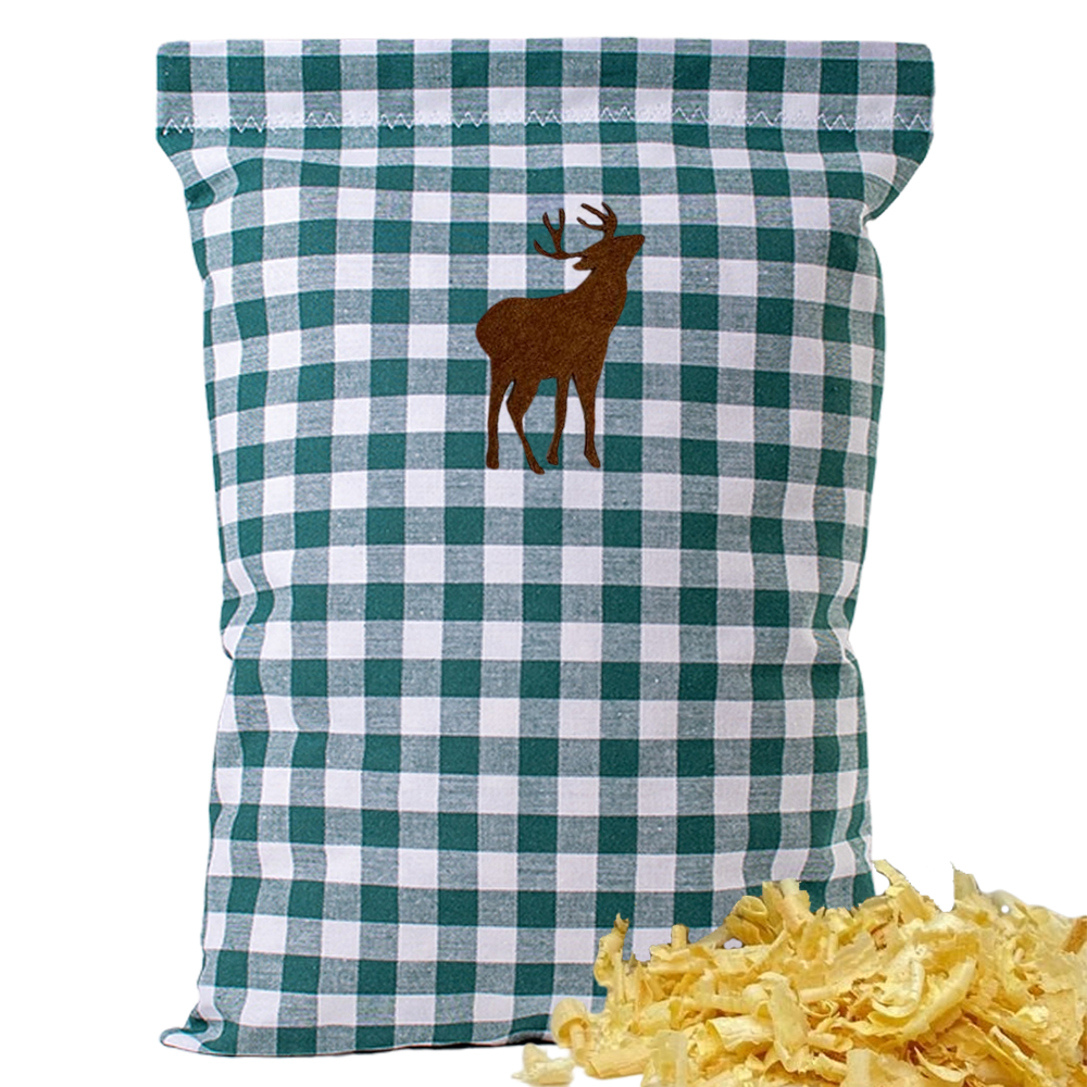 Baumwoll Zirbenkissen grün/weiß großkariert mit versch. Hirsch-Motiven - 30x20 cm