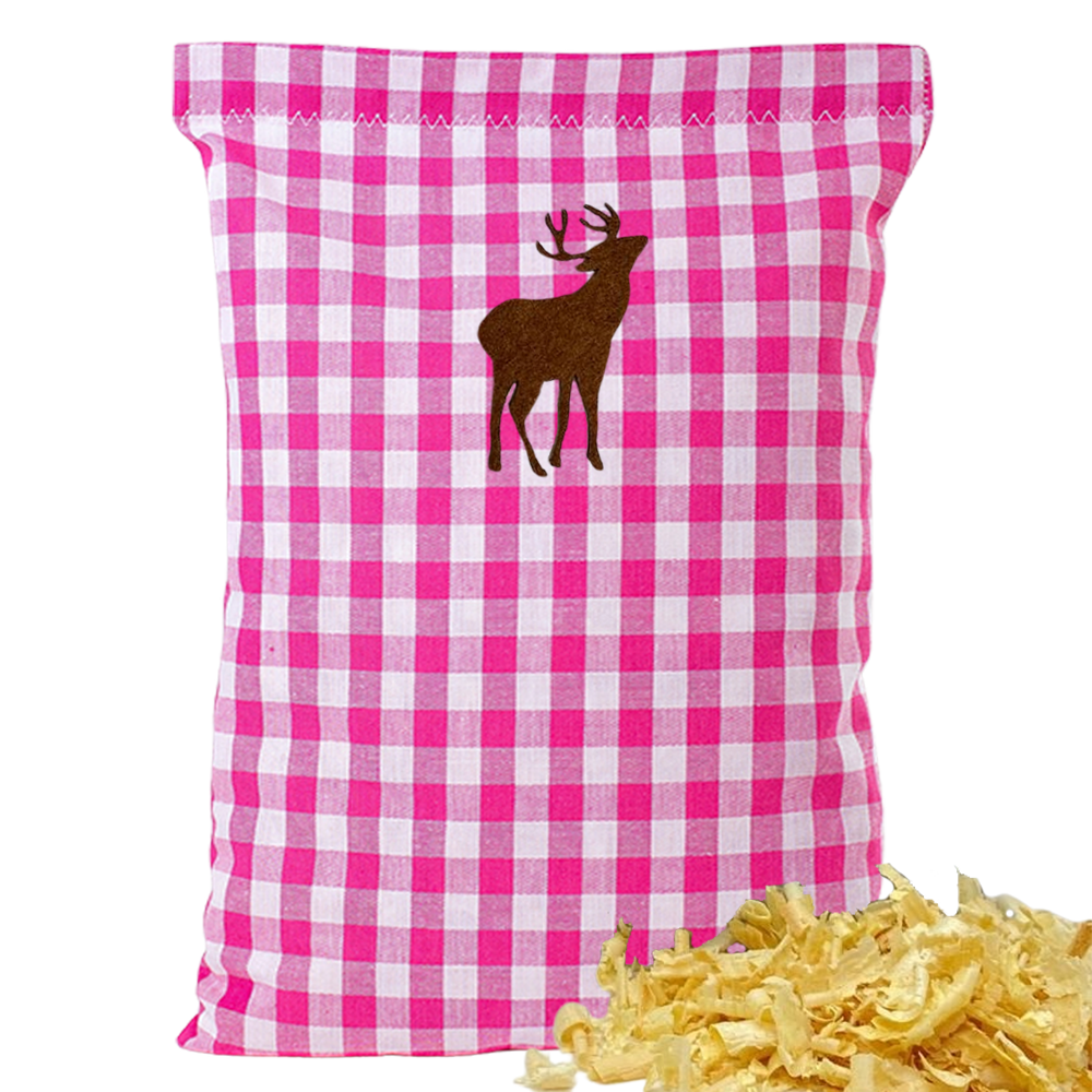 Baumwoll Zirbenkissen pink/weiß großkariert mit versch. Hirsch-Motiven - 30x20 cm