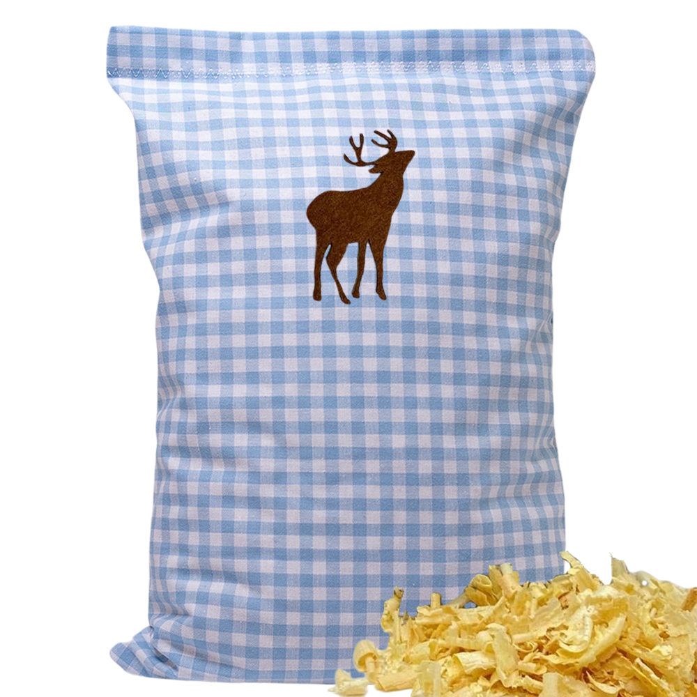 Baumwoll Zirbenkissen hellblau/weiß kariert mit versch. Hirsch-Motiven - 30x20 cm